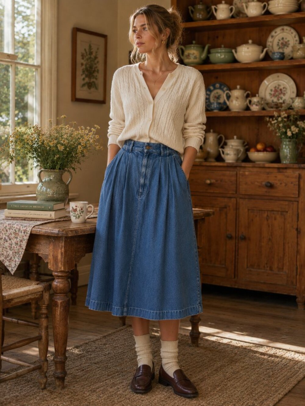 Vintage Eddie Bauer Denim Midi Skirt Women's 14 Pleated High Waist 100% Cotton